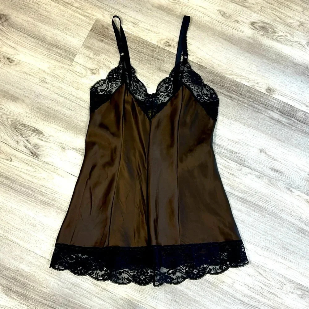 Rare Vintage 70s Victoria’s Secret Bronze Satin Black Lace Chemise | Sz Medium